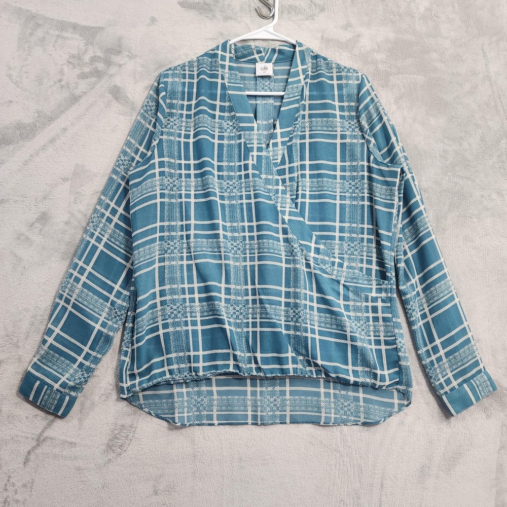 CAbi Top Womens M Blue Windowpane‎ Plaid Faux Wrap Surplice Long Sleeve Blouse